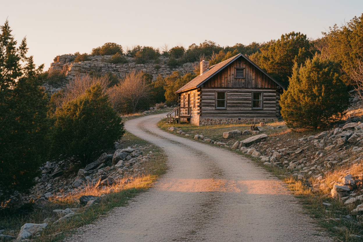 Image of A film photo shot on a Canon AE-1 with portra 800 shot around sunset of a wood log cabin outside of Medicine Park in Oklahoma. I'm picturing steep inclines/uneven terrain around the lot, lots of red cedars, and a gravel road leading up to it. Retro cabin vibe.