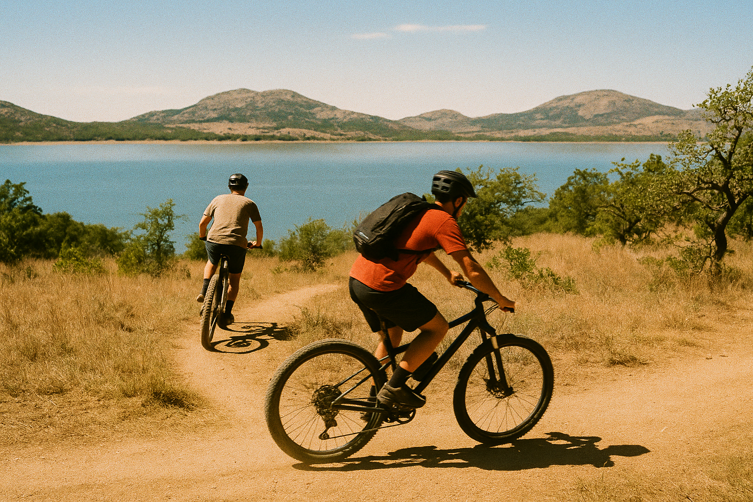 A photo taken on a Canon AE-1 Portra 1600 with medium grain of mountain bikers biking along a trail outside Lake Lawtonka around midday.