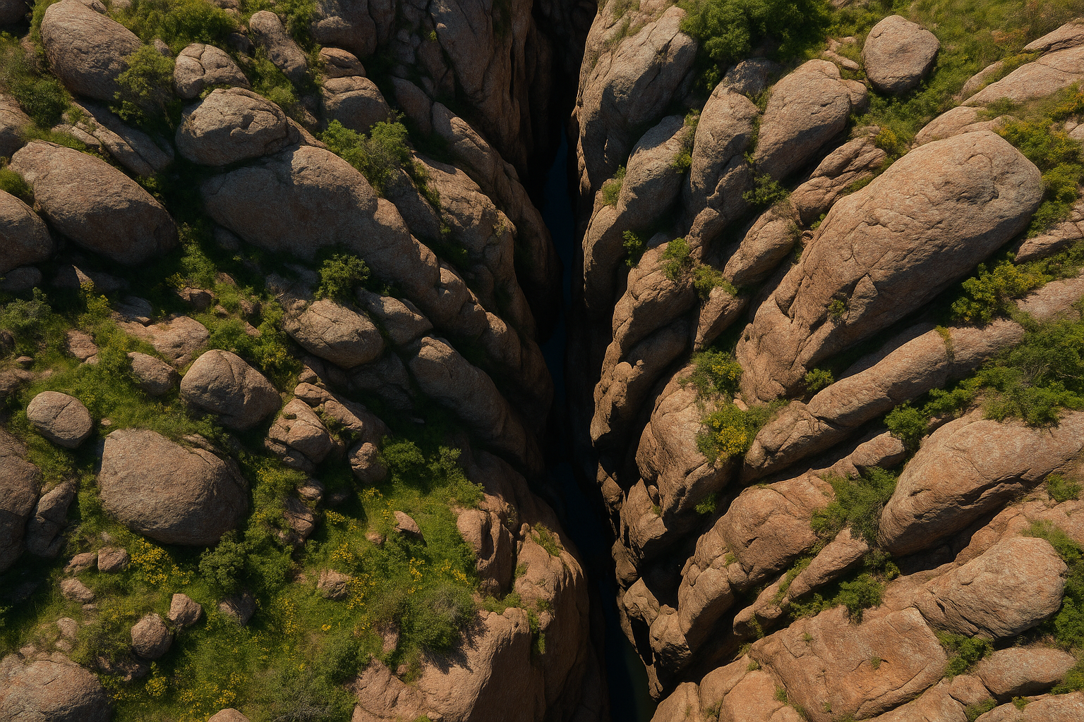 Aerial drone shot on a DJI Mavic 2 looking straight down on the ground of the Narrows in the Wichita Mountains midday in the spring.