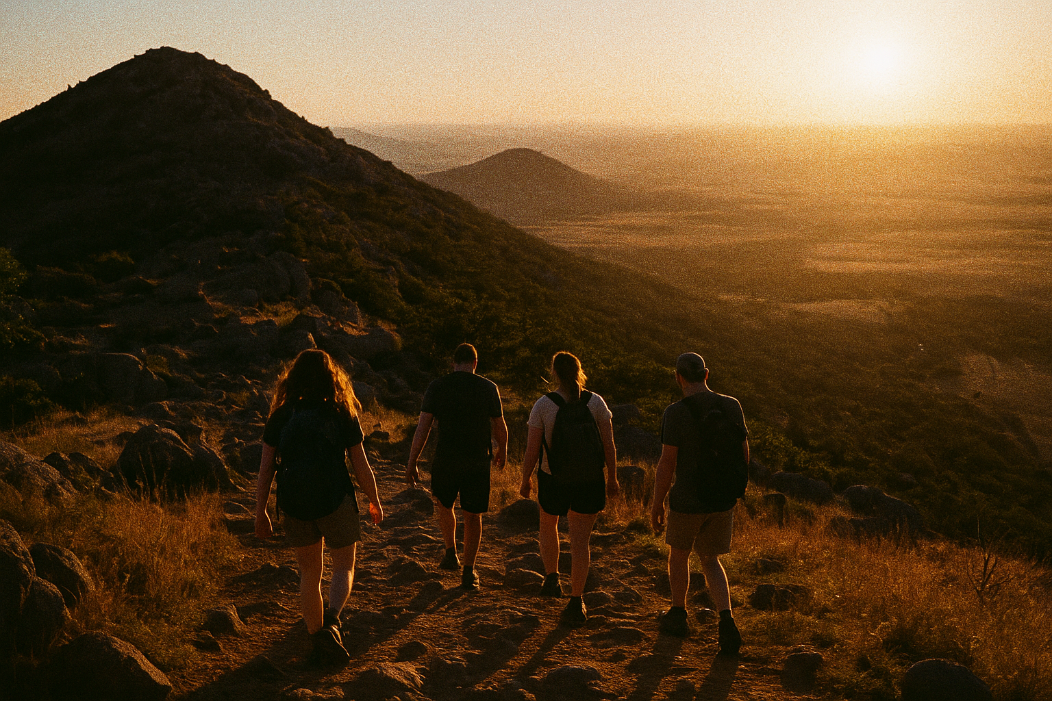 Canon AE-1 shooting on Portra 1600 with heavy grain, photo of group of friends hiking along Elk Mountain trail in the Wichita Mountains at Golden Hour.