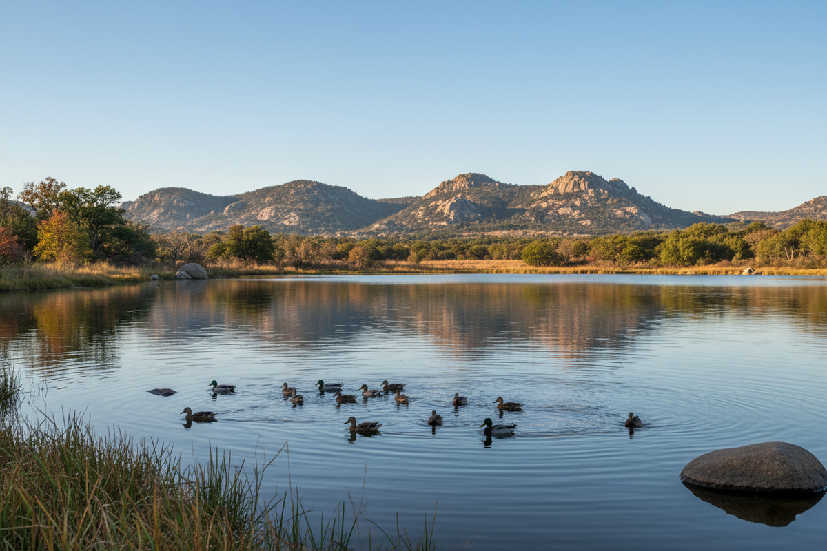ducks on qunah parker lake in the wichita mountains
