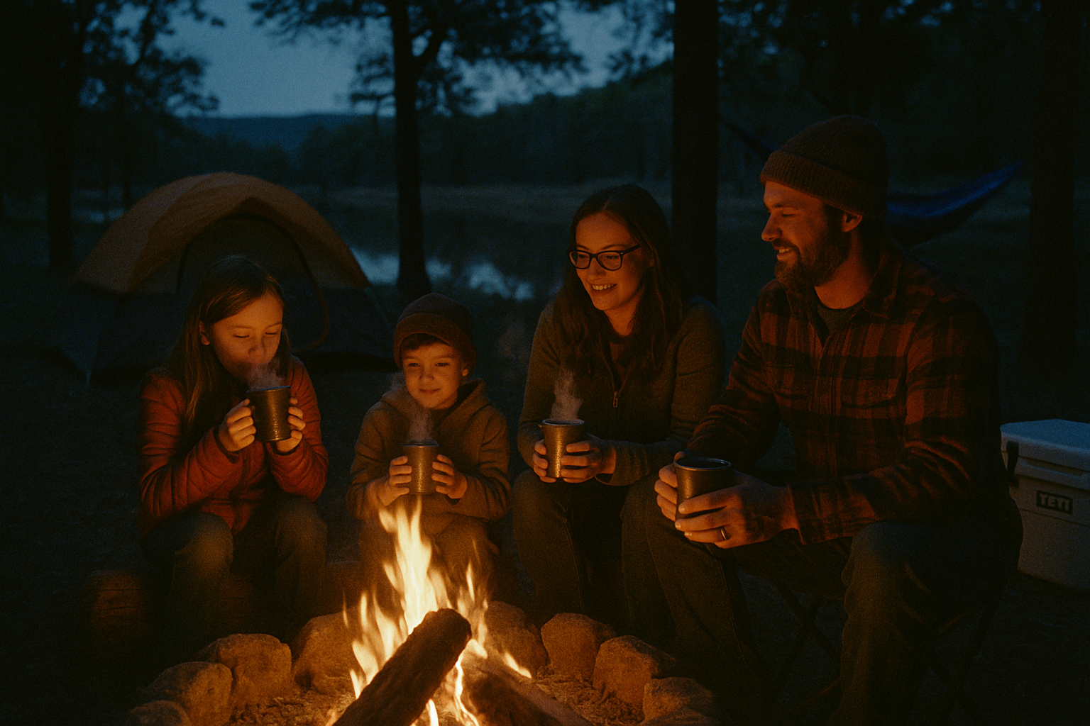 family around campfire at doris lake campgrounds in wichita mountains during blue hour, with a tent in the background and hammock between some trees in the background. Yeti cooler on side. Some are holding mugs of steaming hot chocolate. Shot on an older film camera, on Portra 800.