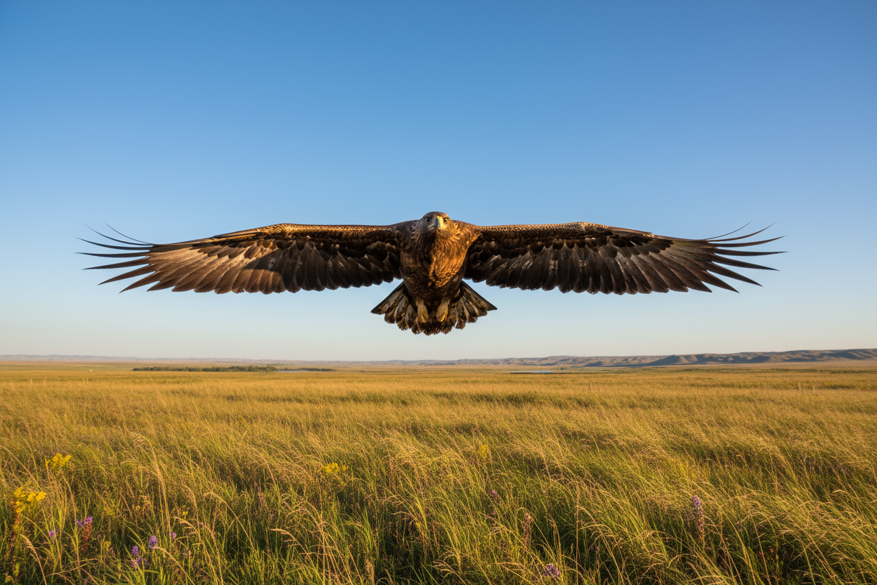 Image of golden eagle soaring over prairie