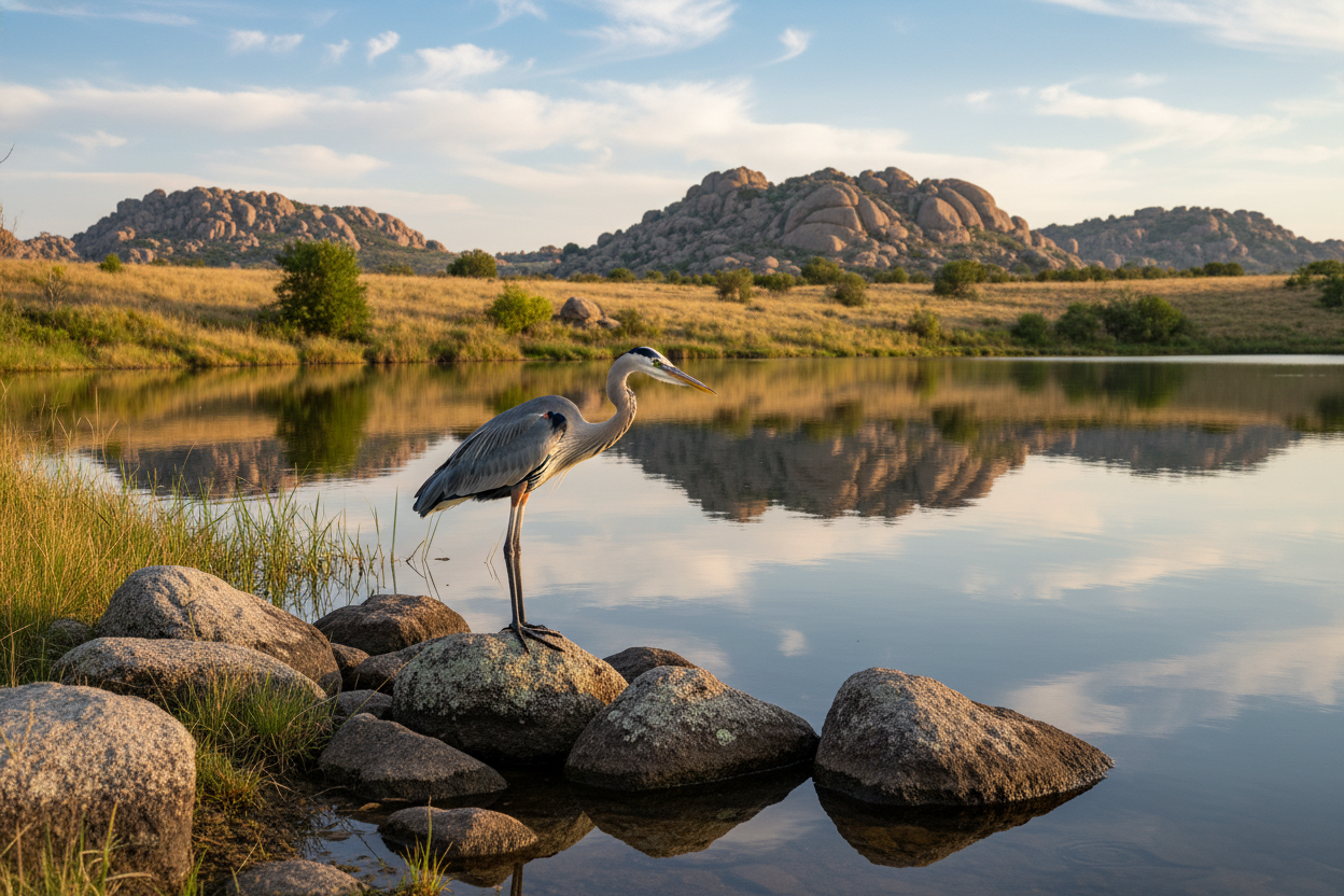 Image of heron on lake edge of jed johnson lake in wichita mountains