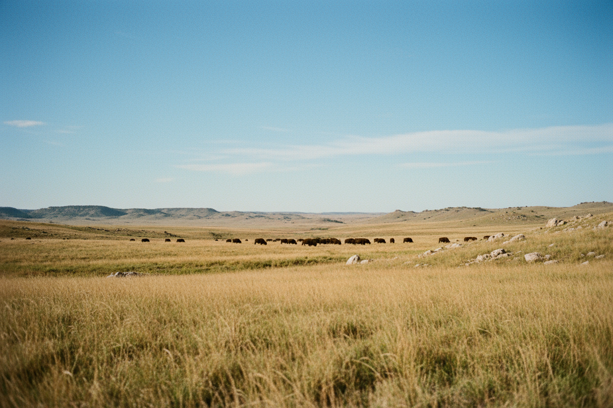 prairie mid day in the wichita mountains with bison herd grazing in distance, shot on a Canon AE-1 portra 800 with a f/8 aperture