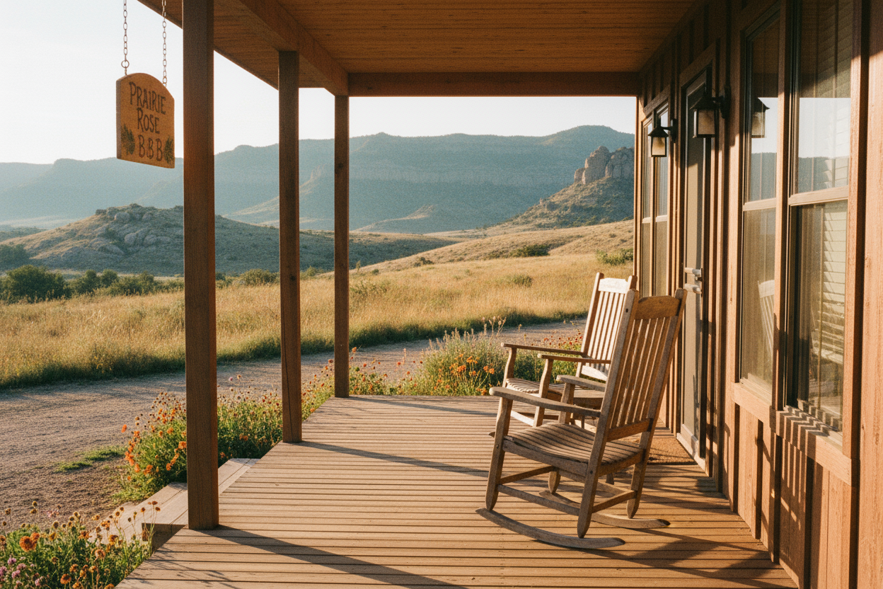 The porch of a bed and breakfast outside of the wichita mountains, with rocking chairs. Shot on a Canon AE-1 with portra 800 at f/8 mid morning
